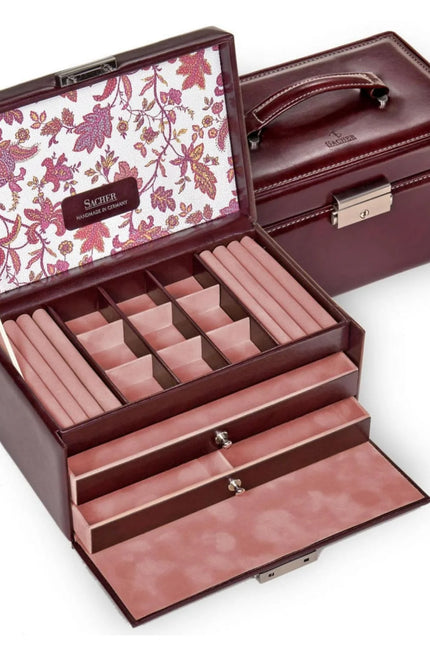 Boîte à Bijoux en Cuir Bordeaux - Motif Fleuri