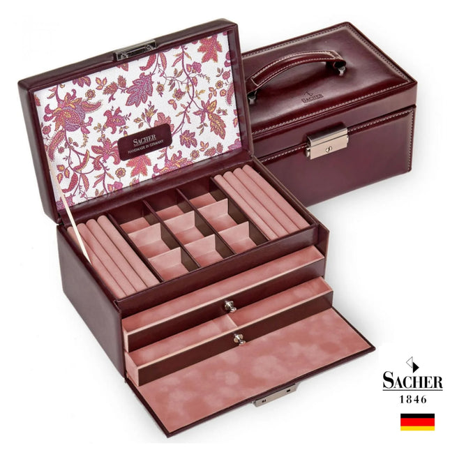 Boîte à Bijoux en Cuir Bordeaux - Motif Fleuri